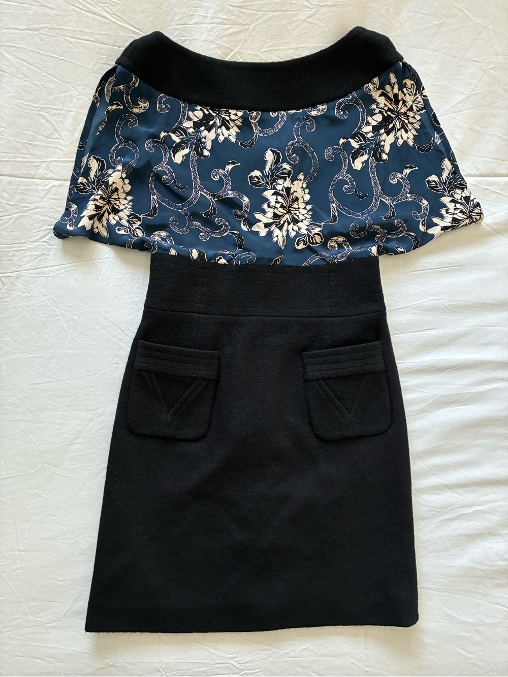 Black High-Waist Wool Mini Dress with Navy Silk Floral Bodice